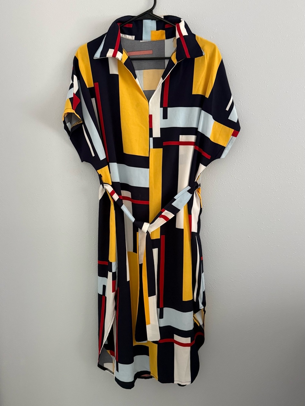 SHEIN Colorblock Belted Shirt Dress — Navy, Mustard, Cream, Red, Light Blue